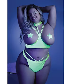 Glow Black Light Harness Open Shelf Bra amp Cage Thong Pasties not Included Neon Lemon QN