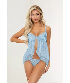 Satin Jacquard Dot Mesh Scallop Lace Babydoll amp GString Blue MD