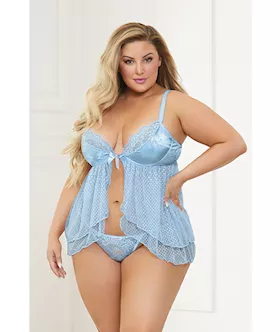 Satin Jacquard Dot Mesh Scallop Lace Babydoll amp GString Blue 3X4X