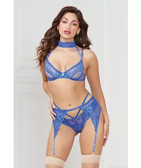 Demi Bra wRemovable Collar Garter Belt amp Thong Blue MD