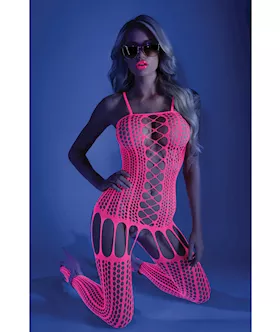 Glow Black Light Criss Cross Paneled Bodystocking Neon Pink OS