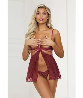 Super Sexy Stretch Lace Babydoll wGString Wine OS