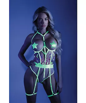 Glow Black Light Embroidered Cupless Garter Teddy Pasties Not Included Neon Chartreuse ML