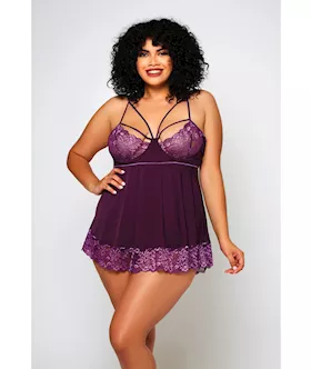 Cross Dye Lace & Microfiber Babydoll & G-string Purple 3x