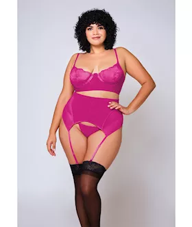 Soft Lace Bra High Waist Satin amp Mesh Garterbelt amp GString Fuchsia 1X