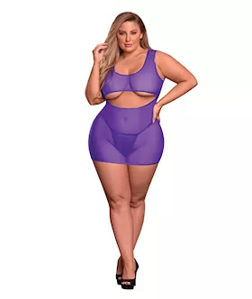 Sheer Mesh Underboob Dress amp Crotchless GString Purple QN