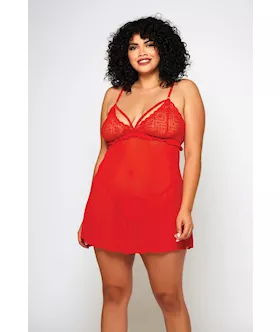 Galloon Lace amp Fine Mesh Babydoll amp GString Red 1X