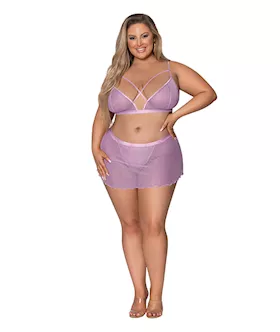 Girl Next Door Strappy Bralette wFlirty Thong Skirt Lilac 2XL