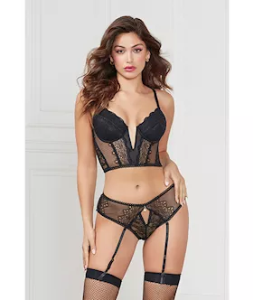 Stretch Lace Cropped Bustier amp Cheeky Panty Black MD
