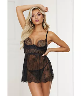 Lace amp Satin Babydoll amp Panty Black MD