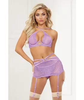 Galloon Lace Bra Garter Skirt amp GString Lavender OS