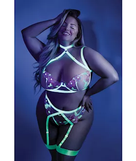 Glow Black Light Embroidered Harness Bra Leg Garterbelt amp GString Neon Chartreuse QN