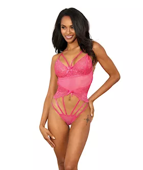 Stretch Lace wUnderwire Cups amp Strap Thong Detail Teddy Hot Pink LG