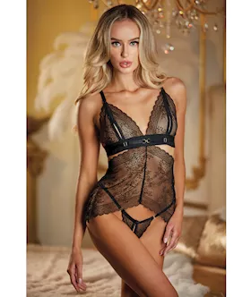 Allure Lace Peek a Boo Chemise amp Ouverte GString Black OS