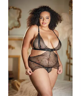 Allure Lace Peek a Boo Chemise amp Ouverte GString Black QN