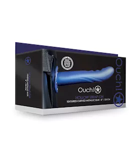 Shots Ouch 8quot Textured Curved Hollow Strap On  Metallic Blue