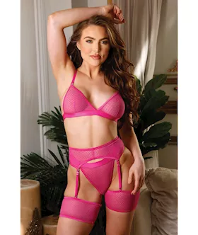 Tease Fallon Geometric Bralette Garter Belt amp Panty Pink LXL