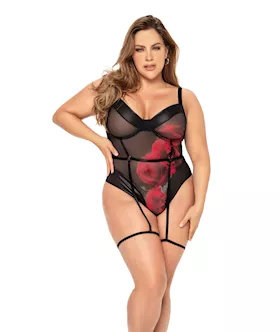 Underwire Teddy wAttached Garter Straps amp Hook amp Eye Crotch Closure BlackRed 1X2X