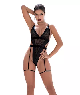 Shadow Panel Bodysuit wHook amp Eye Crotch Closure amp Attached Garters Black SM