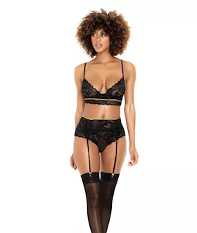 Lace Underwire Bra Thong amp Garterbelt wLace Up Detail Black ML