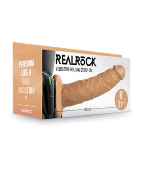 Shots RealRock 8quot Vibrating Hollow Strap On WO Balls  Tan
