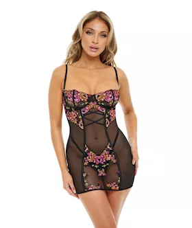 Natty Underwire Fitted Babydoll wEmbroidery amp GString  BlackMulti Color XL