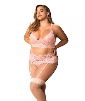 Lace Underwire Bra Thong amp Garterbelt wLace Up Detail Rose 1X2X