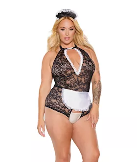Scallop Stretch Lace Crotchless Maid Teddy wHeadpiece BlackWhite OSXL