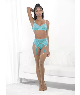 Lace amp Mesh Underwire Bra Garterbelt amp GString Malibu Blue MD