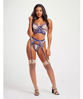 Sheer Stretch Mesh wFloral Contrast Embroidery Bustier Garter Belt amp Thong BlueNude SM