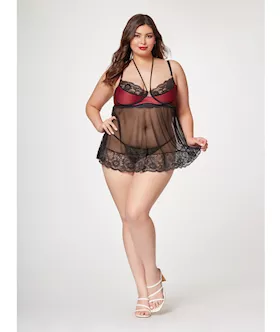 Satin amp Lace Halter Demi Cup Babydoll amp Thong BlackWine 1X2X