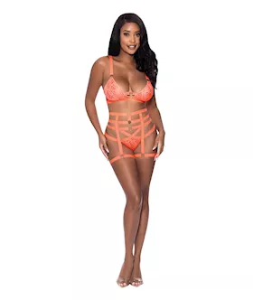 Rude Awakening Bralette Thigh High Garter amp Cheeky Panty Orange SM