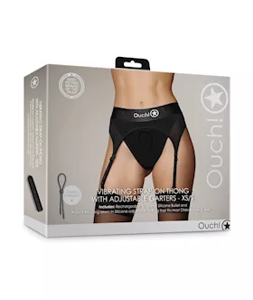 Shots Ouch Vibrating Strap On Thong wAdjustable Garters  Black XSS