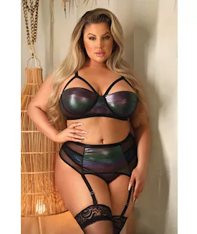 Curve Cassidy Metallic Foil Bra Garter Belt amp Panty Black 3X4X