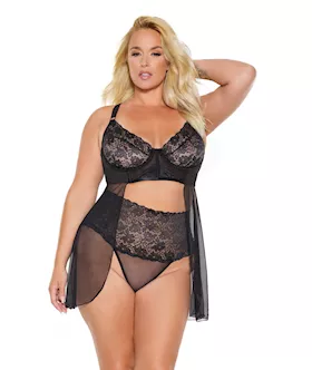 Scallop Stretch Lace amp Sheer Mesh Babydoll amp High Waist Thong Black 3X4X