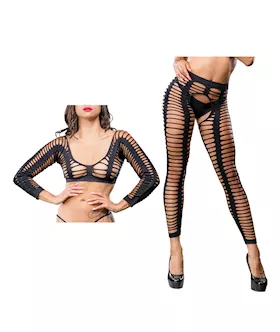 Beverly Hills Naughty Girl Crotchless All Over Straps Mesh Leggings Black OS