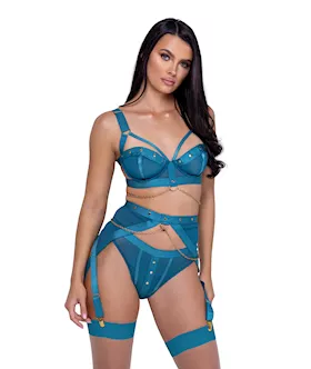 Studs amp Kisses Balconette Cup wUnderwire Bra Garter Belt amp Panty Teal MD