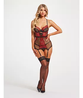 Floral Embroidered Lace Chemise wAdjustable Garters amp Thong BlackRed SM