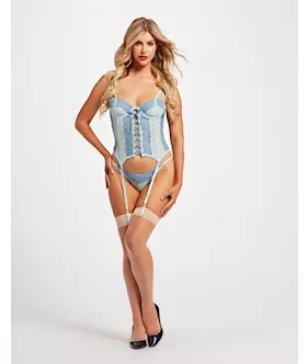 Lace amp Mesh Bustier wLace Up Center Garter Belt amp Thong Blue SM