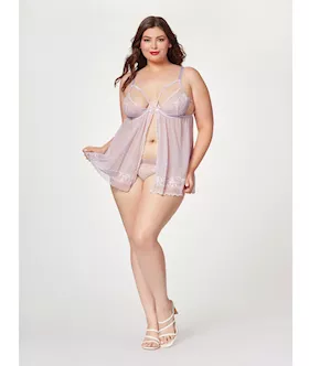 Sheer Mesh amp Lace Demi Cup Babydoll amp Thong Lavender 1X2X
