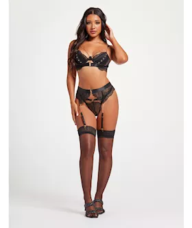 Scalloped Lace Bra wGold Chain Garter Belt amp Thong Black SM