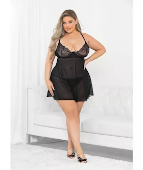 Raised Embroidery Lace Babydoll Black 2X