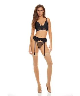 Bombshell Boudoir Lace amp Mesh Peek A Boo Wire Bra Garter Belt amp GString Black SM