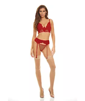Bombshell Boudoir Lace amp Mesh Peek A Boo Wire Bra Garter Belt amp GString Red MD