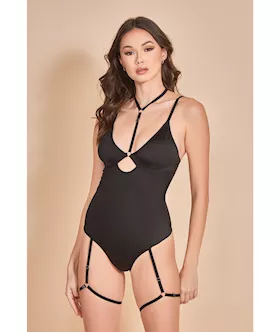Strapped Up Garter Teddy wChoker Black SM
