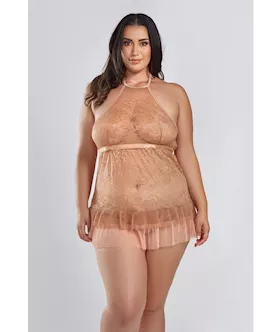 Amber Halter Lace Babydoll wTiered Pleated Mesh Skirt Hem amp GString Brown 1X