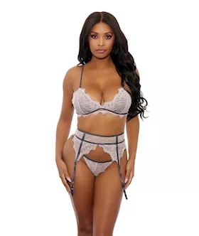 Floral Lace Bra Cage Garter Belt amp GString Dusty Pink SM