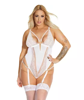 Black Label Net amp Scallop Lace Teddy wAdjustable Garters White OSXL
