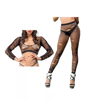 Beverly Hills Naughty Girl Crotchless Mixed Hole Leggings Black OS