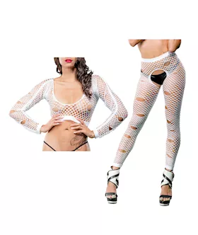 Beverly Hills Naughty Girl Crotchless Mixed Hole Leggings White OS